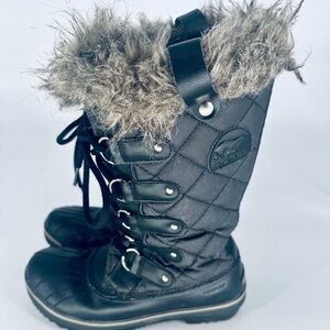 Sorel Tofino Cafe Women Black Canvas Waterproof Faux Fur Winter DuckBoots Size 7